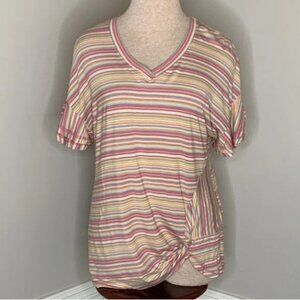 Democracy Flutter Sleeve V-Neck Striped Shirt Size Small